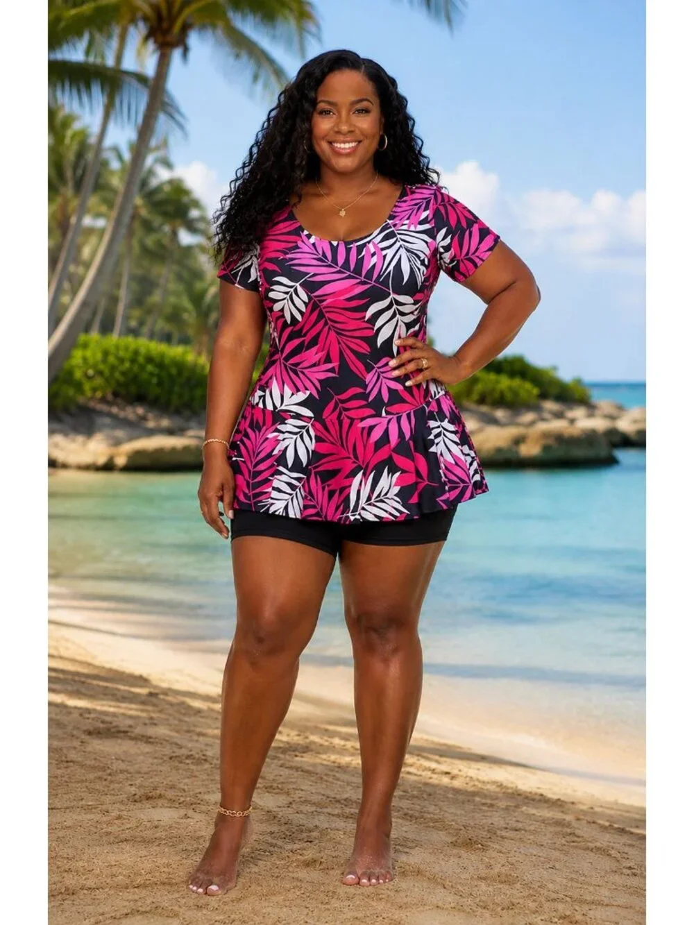 Knaspor Size 12-14 Swim Dress One Piece Pink Floral Leaf Print Black Shorts